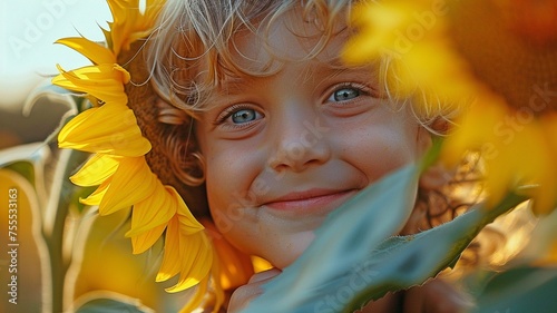 close-up of a small youngster grinning and covering his face with a sunflower. Concept of invisible disability photo