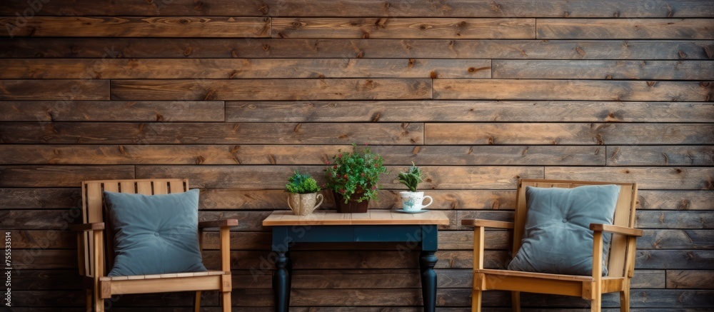 A wooden chair and table are placed next to each other in a cozy setting, inviting individuals to sit and relax. The chairs are positioned facing each other, creating a welcoming space for