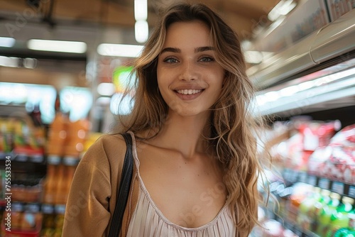 A content young woman with a bag smiling in the chilled foods section at a supermarket