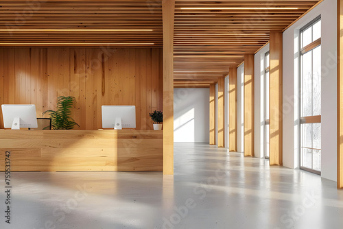 Wooden office interior with narrow tables and blank wall