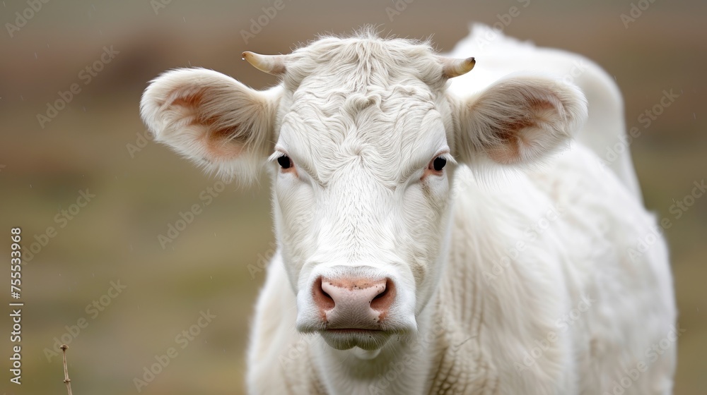 A white cow with horns and a white face