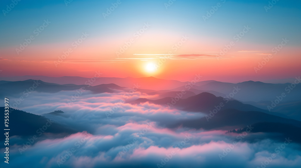 serene sunrise over a misty mountain range