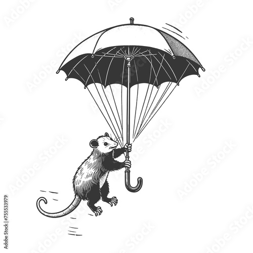 whimsical opossum fly in large umbrella sketch engraving generative ai raster illustration. Scratch board imitation. Black and white image.
