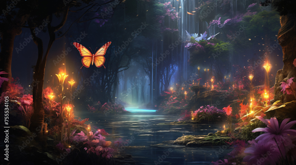 A magical garden with glowing butterflies 