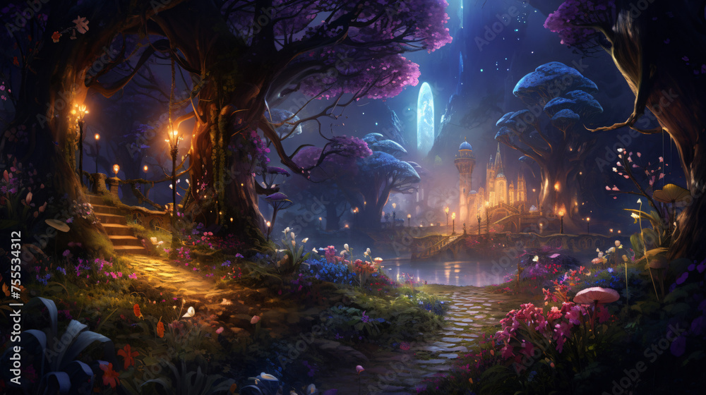 A magical garden with glowing butterflies 