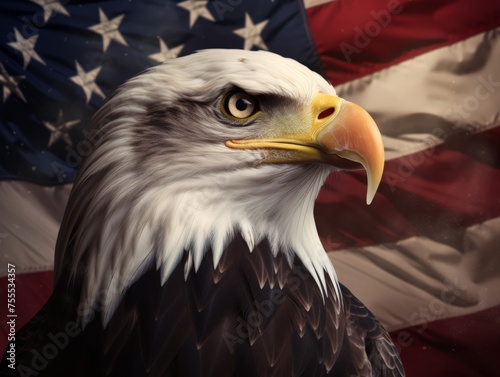 Bald eagles portrait in front of American flag 