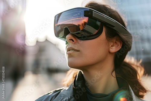 A woman wearing a virtual reality headset is looking at the camera © Vasili
