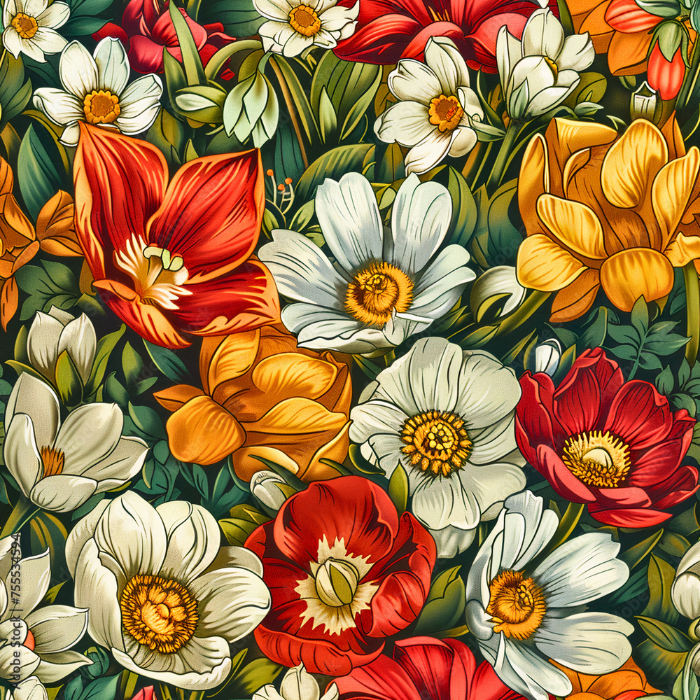 Retro Floral Elegance: Vintage Spring Garden Pattern, Captivating Retro Design, Created using generative AI	