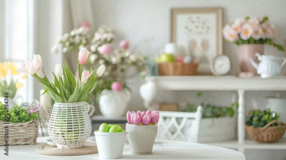 Elegant Easter Kitchen Decor with Eggs. A beautifully arranged kitchen scene for Easter, featuring a white bunny figurine, patterned eggs, and spring blossoms in a soft, pastel color palette.