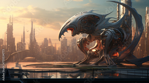 A mechanical dragon in a dystopian city with smoke  © Hassan