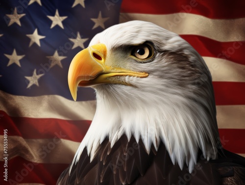 Bald eagles portrait in front of American flag 