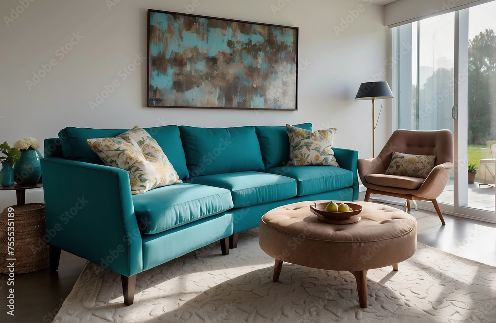 Modernes Wohnzimmerdesign mit türkisem Sofa und eleganten Möbeln - obrazy, fototapety, plakaty 