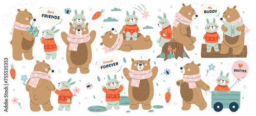 Cute animals relationship, funny bear and hare friends having fun spending time together set