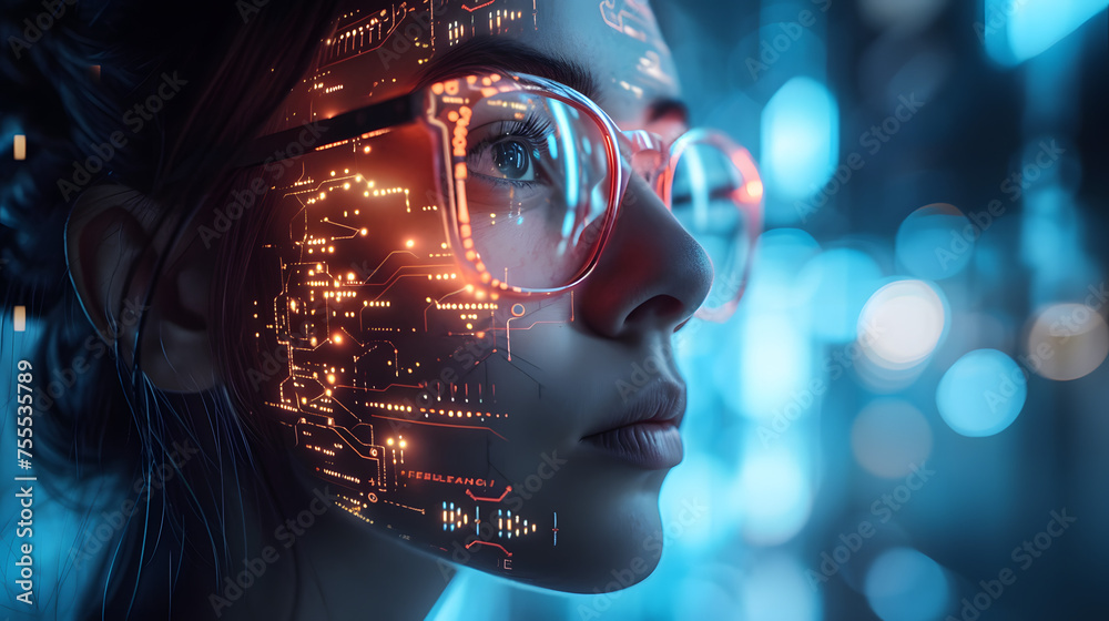 Naklejka premium Show a character connecting with a digital interface through their mind or neural implants