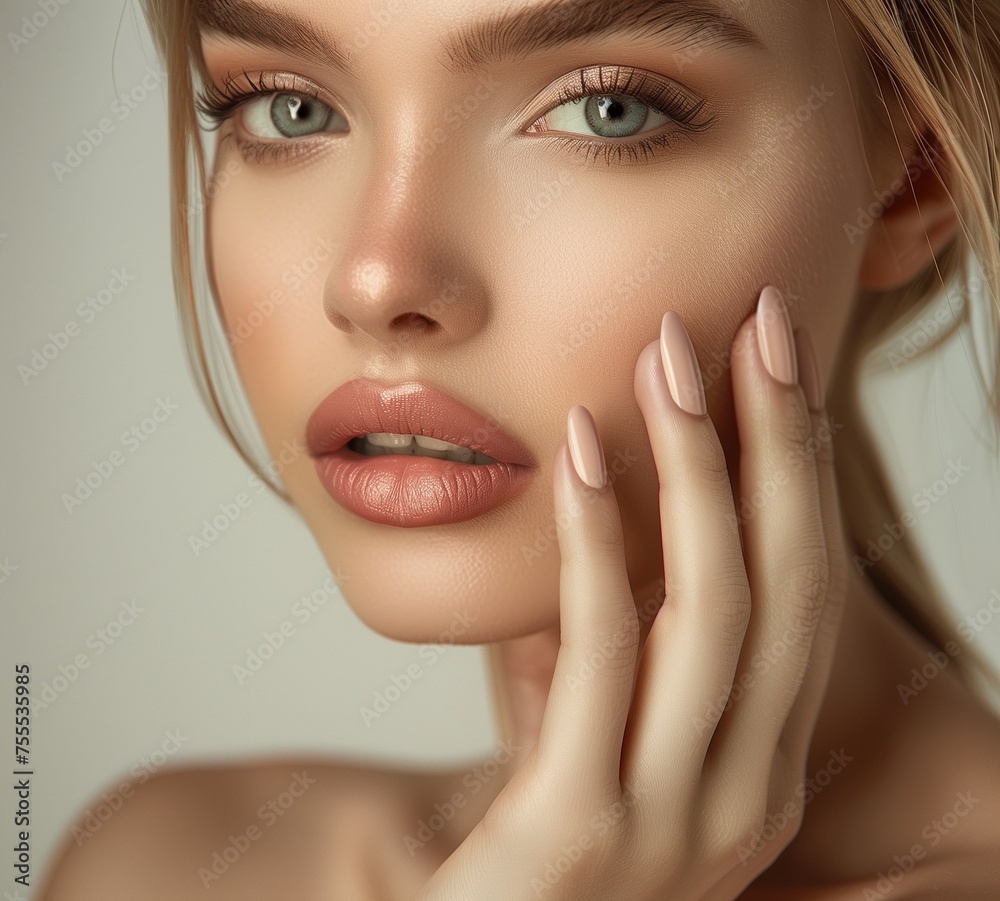 Studio shot of a beautiful young woman posing against a grey background.