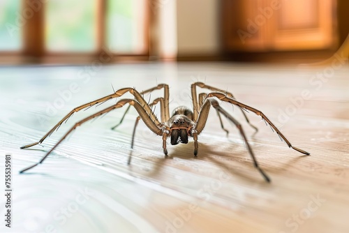Arachnid spider with multiple eyes on wooden floor in home , terrestrial organism