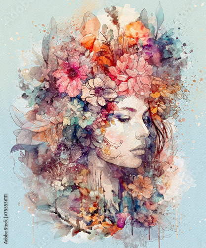 Fototapeta Naklejka Na Ścianę i Meble -  Whimsical watercolor portrait of a woman adorned with a vibrant array of flowers, expressing femininity and natural elegance.