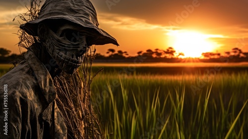 The scarecrows worn and weathered face watching over the endless rows of rice plants