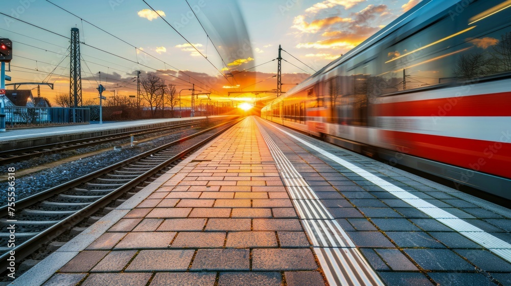 Speeding Train at Sunset on Railway Platform. Generative ai