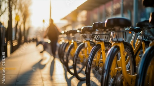 City Bike Sharing Station in Golden Morning Light. Generative ai photo