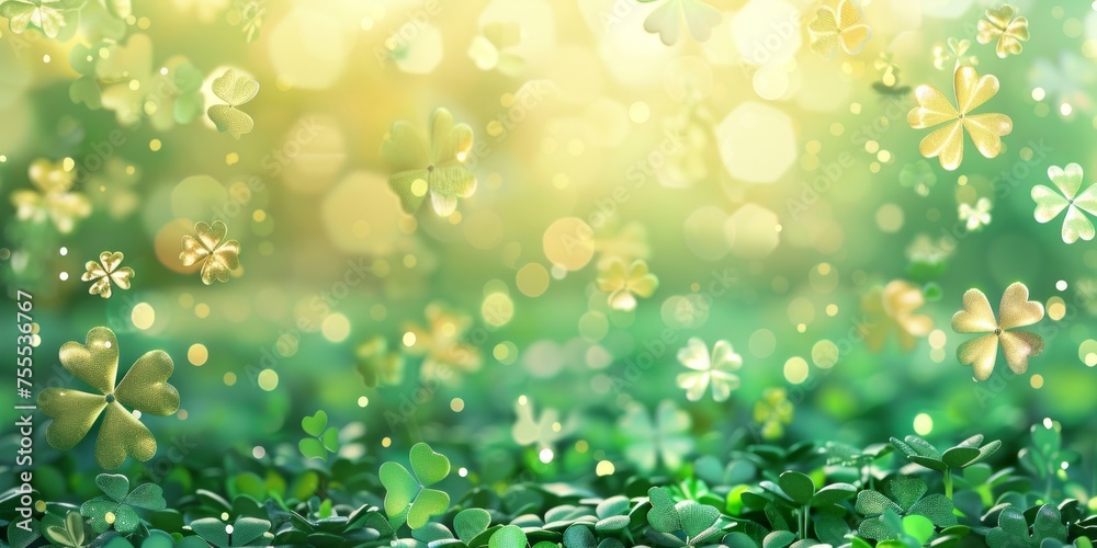 A vibrant field of green clovers shimmering with golden bokeh lights suggesting magic or a festive occasion. A vibrant field of green clovers shimmering with golden bokeh lights suggesting magic or a festive occasion.