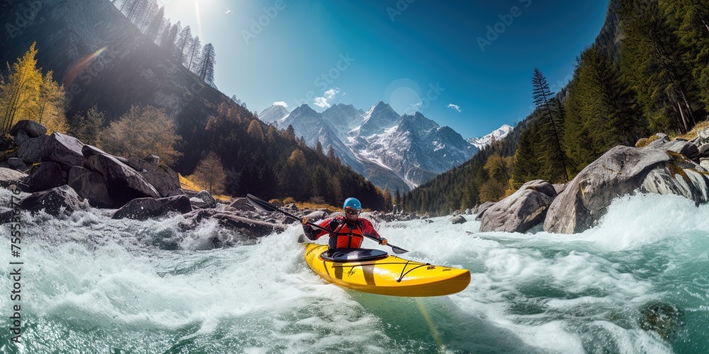 Obraz premium whitewater kayaking, down a white water rapid river in the mountains.