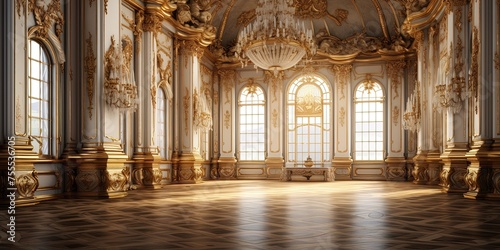 A classic extravagant European style palace room with gold decorations. Realistic illustration. wide format