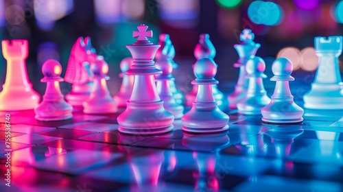 Strategic warfare on a chessboard illuminated by the vibrant glow of neon warriors