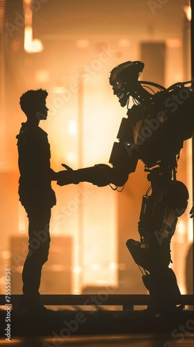 Silhouettes in backlight a human and robot engage in a handshake a powerful symbol of interspecies cooperation photo