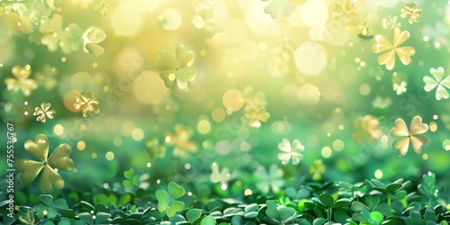 A vibrant field of green clovers shimmering with golden bokeh lights suggesting magic or a festive occasion.
