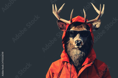 a deer in a red hoodie and sunglasses, offering a modern, abstract twist on wildlife low poly illustrations.
