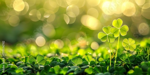 Green clover leaves illuminated by warm sunlight, creating a fresh and serene backdrop.