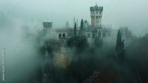 Fog rolling in around the castle's towers and turrets background photo