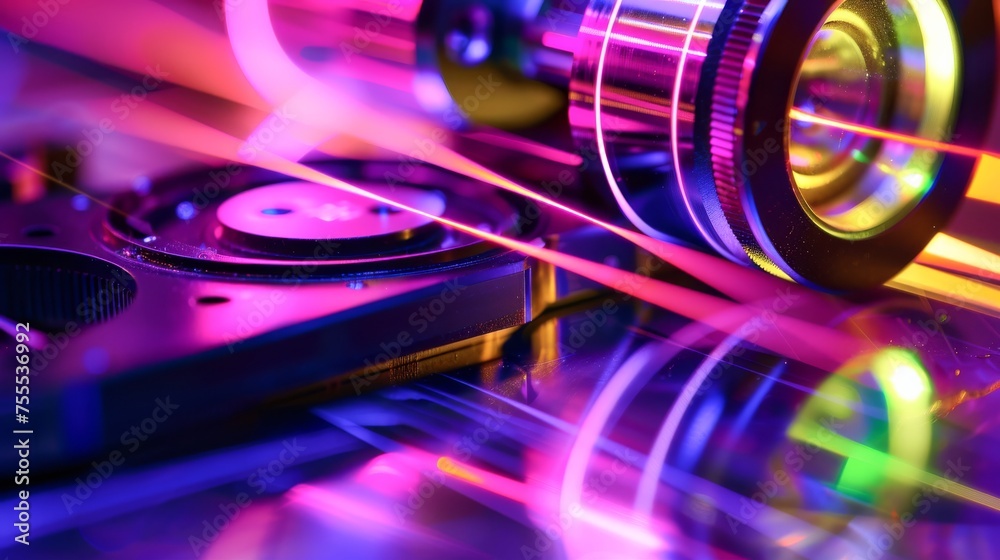The intricate dance of light within a lens as laser beams interact with lens elements under the spectral glow of black light in closeup The intricate dance of light within a lens as laser beams interact with lens elements under the spectral glow of black light in closeup