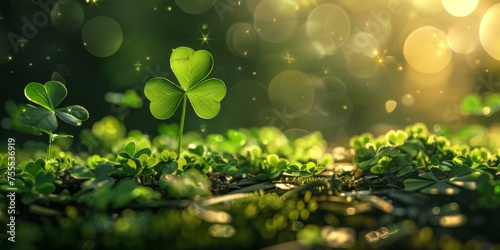 A single four-leaf clover stands out among green shamrocks with mystical glowing lights and bokeh.