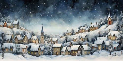 Silvery, snowy Christmas town.