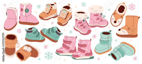 Winter season warm shoes footgear for children to protect legs from cold weather vector illustration