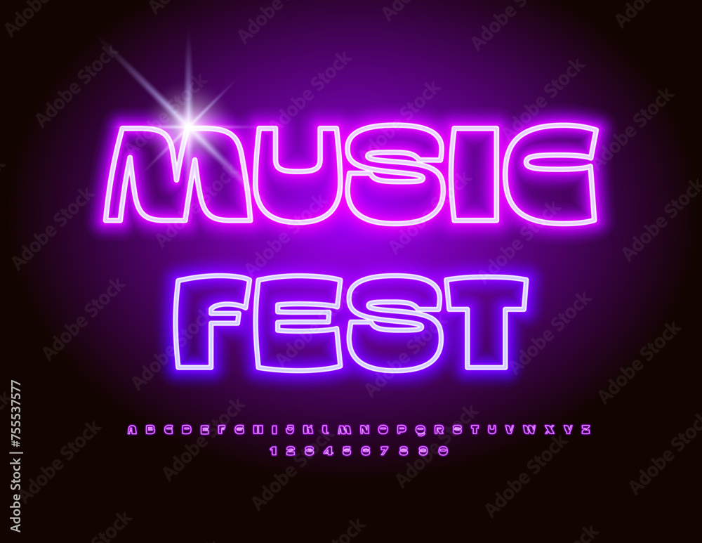 Vector event banner Music Fest. Violet Electric Font. Trendy Illuminated Alphabet Letters and Numbers set. Vector event banner Music Fest. Violet Electric Font. Trendy Illuminated Alphabet Letters and Numbers set.