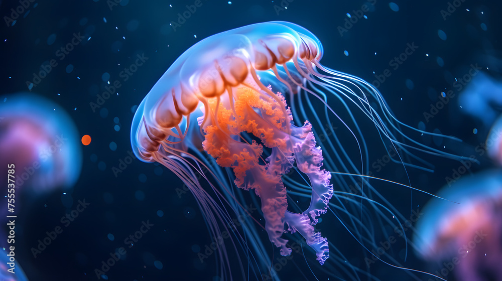 Jellyfish gracefully moving through the water with glowing tentacles background Jellyfish gracefully moving through the water with glowing tentacles background