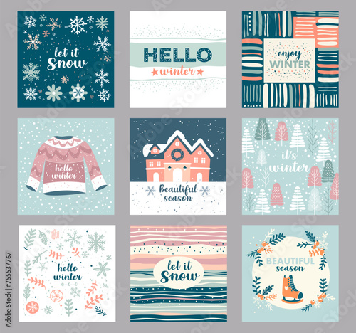 Winter templates greeting cards with cute patterns in Scandinavian style vector illustration