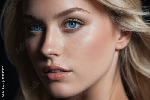 Close-up portrait of blonde model with blue eyes
