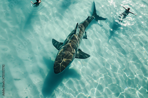 enormous shark in the clear, turquoise waters and people swimming near, top view photo
