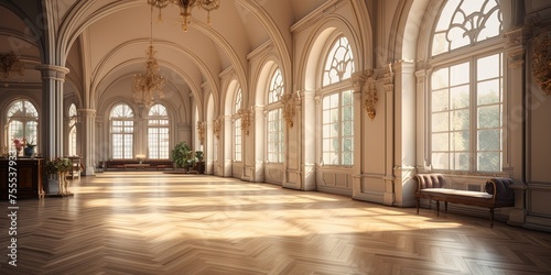 A room with arched windows that allow warm natural light to flood in  illuminating the wooden floor and walls adorned with intricate molding and fixtures  creating a timeless and inviting atmosphere