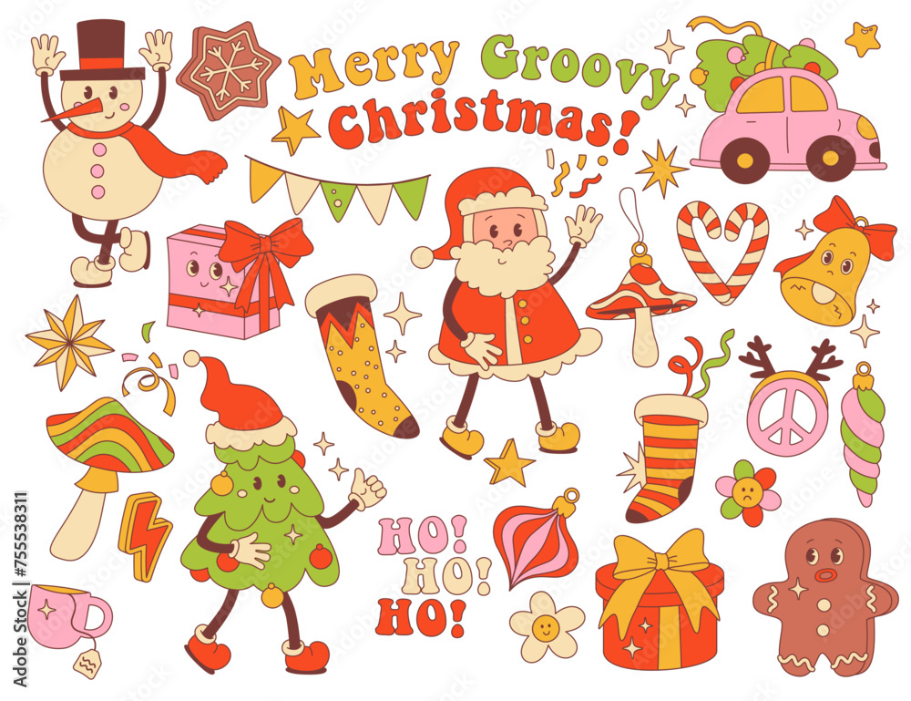 Groovy hippie Christmas trendy retro stickers set with cute Santa Claus, holidays sweets and stuff