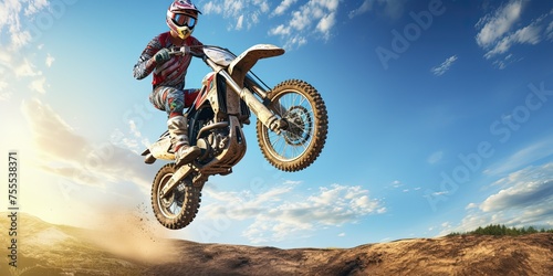 motorcycle stunt or car jump. A off road moto cross type motor bike, in mid air during a jump with a dirt trail. cnayon with blue sky. photo