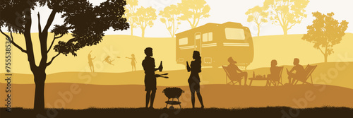 Picnic summer scene. Hills landscape with friends silhouette. Young people group make grilled. BBQ near camping trailer. Panorama of weekend in park. Outdoor lunch poster