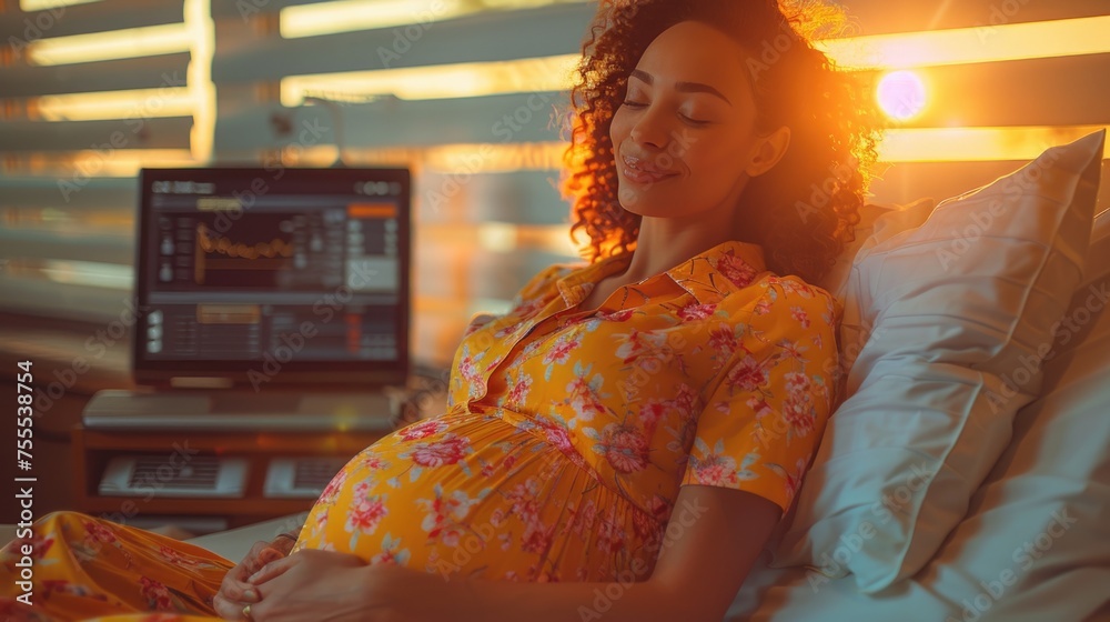 Pregnant woman at the ultrasound, anticipation and joy as expectant mothers experience the magical moment of seeing their baby's image for the first time through ultrasound technology.