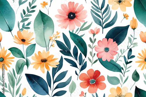 Beach cheerful seamless pattern wallpaper of tropical dark green leaves of palm trees and flowers bird of paradise (strelitzia) plumeria on a watercolor background