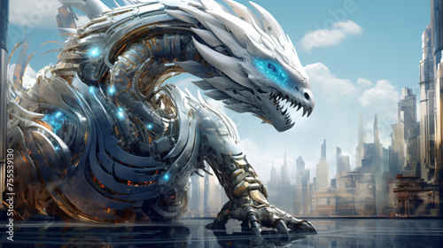 A mechanical dragon in a futuristic metropolis with bu © Hassan