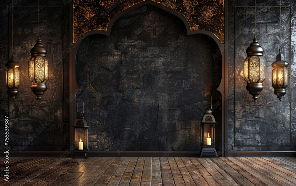 Fototapeta premium Ramadan lantern with mural background and reflective floor
